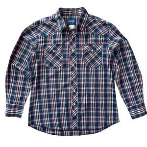 Vintage 80s 90s Wrangler Western Shirt Pearl Snap Front Plaid Long Sleeve Mens L